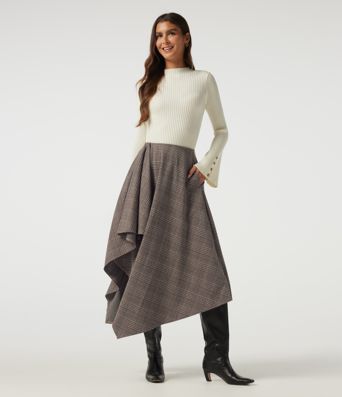 Lässiger Midirock in A-Linie mit hohem Bund, Seitentaschen, Karomuster und asymmetrischem Design Lässiger Midirock in A-Linie mit hohem Bund, Seitentaschen, Karomuster und asymmetrischem Design