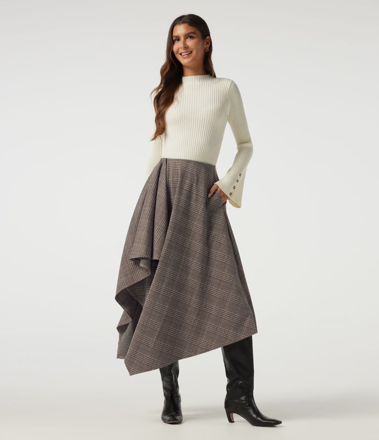 Lässiger Midirock in A-Linie mit hohem Bund, Seitentaschen, Karomuster und asymmetrischem Design Lässiger Midirock in A-Linie mit hohem Bund, Seitentaschen, Karomuster und asymmetrischem Design