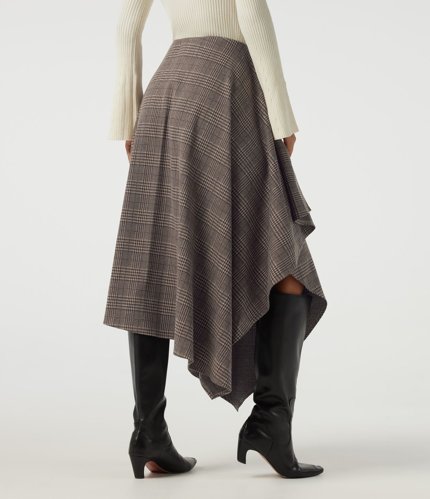 Lässiger Midirock in A-Linie mit hohem Bund, Seitentaschen, Karomuster und asymmetrischem Design Lässiger Midirock in A-Linie mit hohem Bund, Seitentaschen, Karomuster und asymmetrischem Design