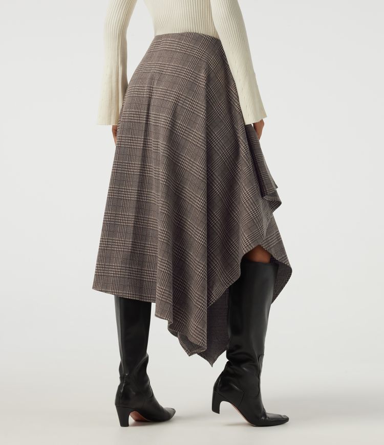 Lässiger Midirock in A-Linie mit hohem Bund, Seitentaschen, Karomuster und asymmetrischem Design Lässiger Midirock in A-Linie mit hohem Bund, Seitentaschen, Karomuster und asymmetrischem Design