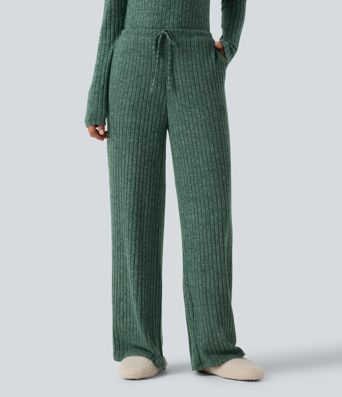 Ribbed Knit Mid Rise Drawstring Wide Leg Lounge Pants with Pockets