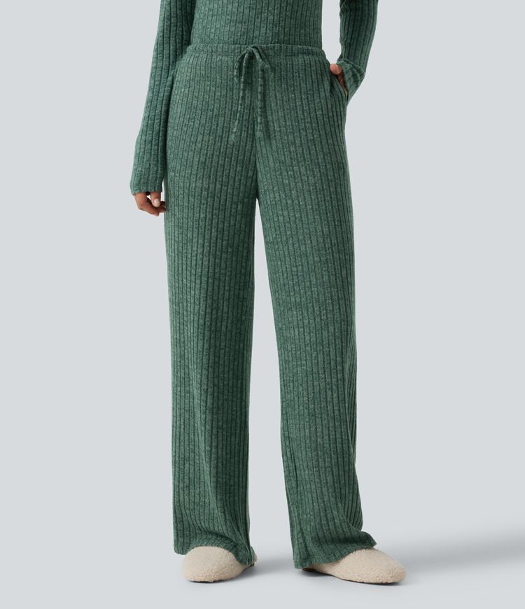 Ribbed Knit Mid Rise Drawstring Wide Leg Lounge Pants with Pockets