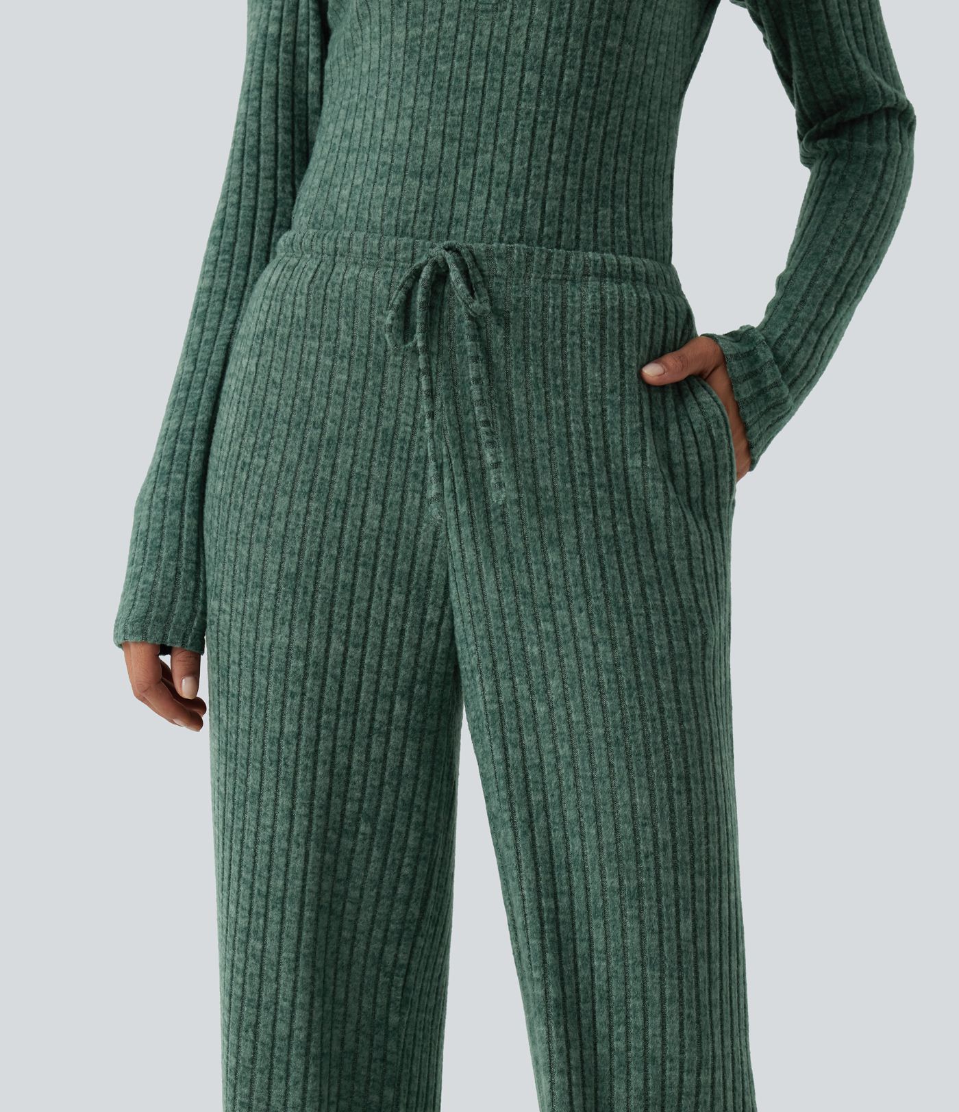 Ribbed Knit Mid Rise Drawstring Wide Leg Lounge Pants with Pockets