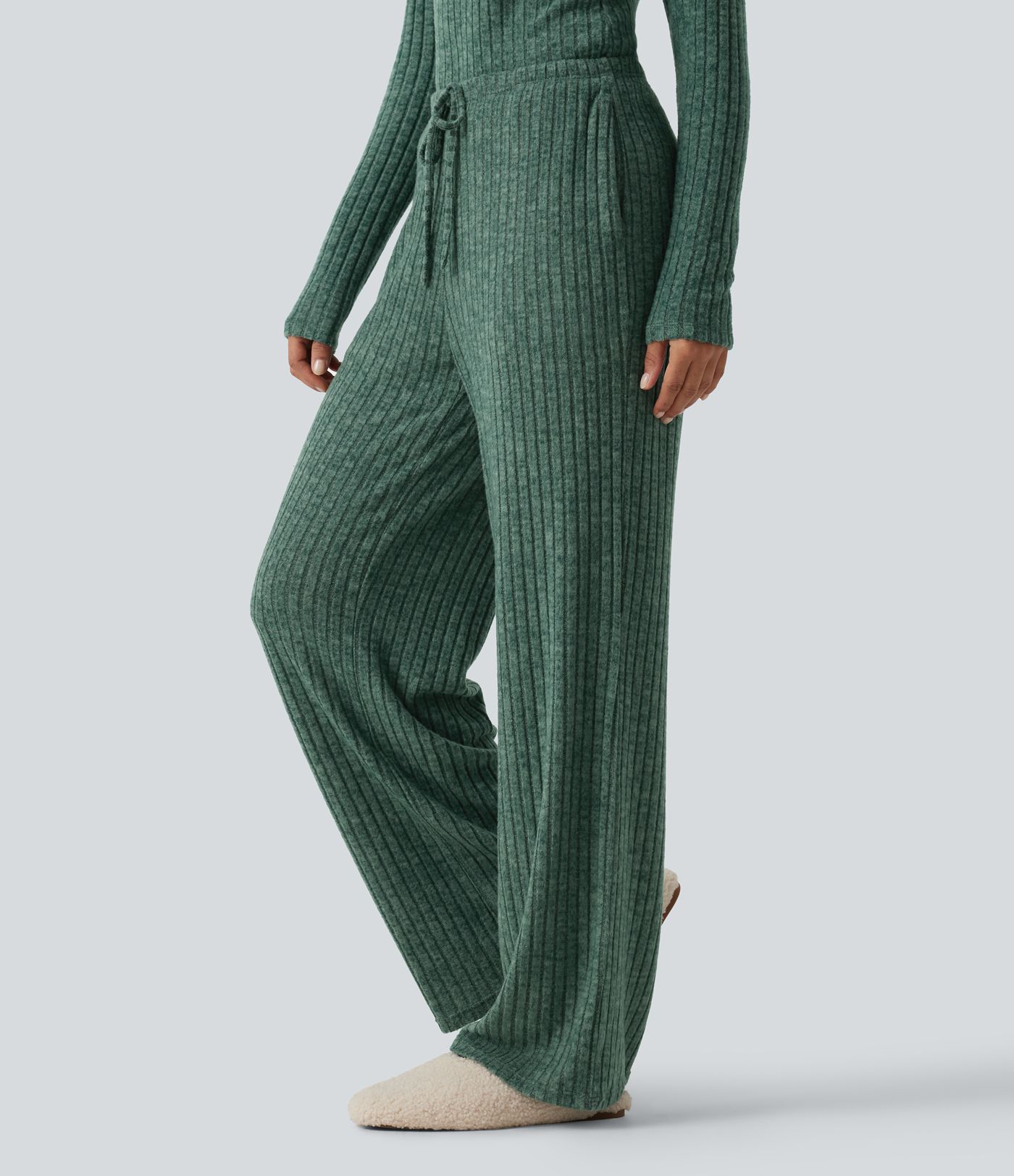 Ribbed Knit Mid Rise Drawstring Wide Leg Lounge Pants with Pockets