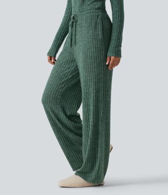 Ribbed Knit Mid Rise Drawstring Wide Leg Lounge Pants with Pockets