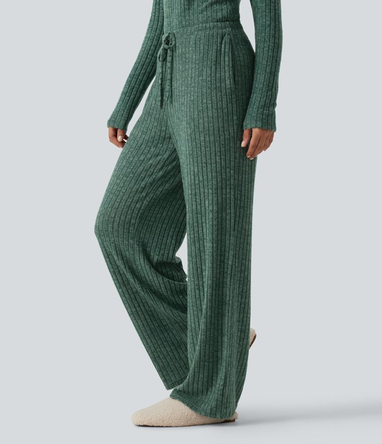 Ribbed Knit Mid Rise Drawstring Wide Leg Lounge Pants with Pockets