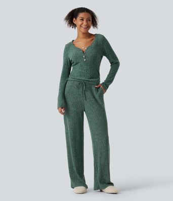 Ribbed Knit Mid Rise Drawstring Wide Leg Lounge Pants with Pockets