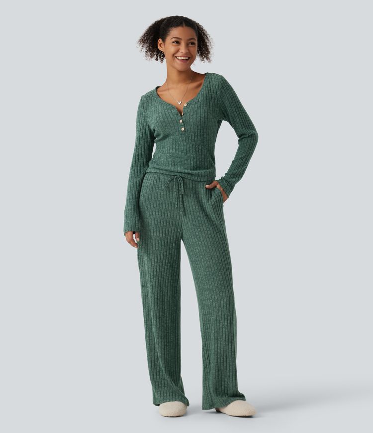 Ribbed Knit Mid Rise Drawstring Wide Leg Lounge Pants with Pockets