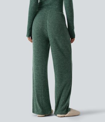 Ribbed Knit Mid Rise Drawstring Wide Leg Lounge Pants with Pockets