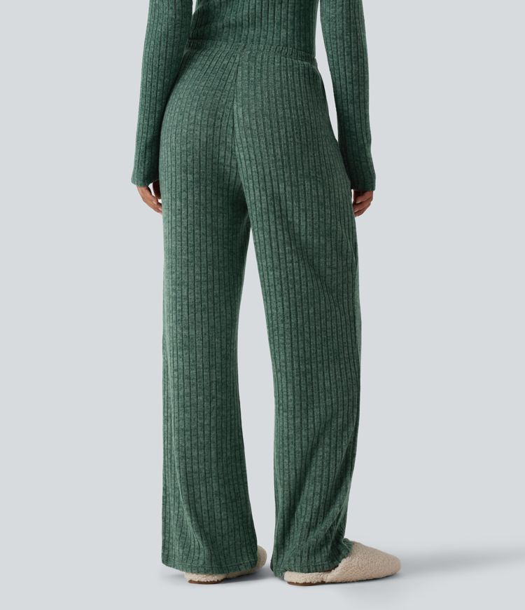 Ribbed Knit Mid Rise Drawstring Wide Leg Lounge Pants with Pockets