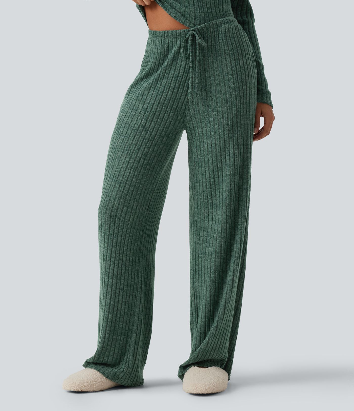 Ribbed Knit Mid Rise Drawstring Wide Leg Lounge Pants with Pockets