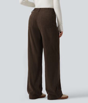 High Waisted Straight Leg Corduroy Casual Pants with Pockets