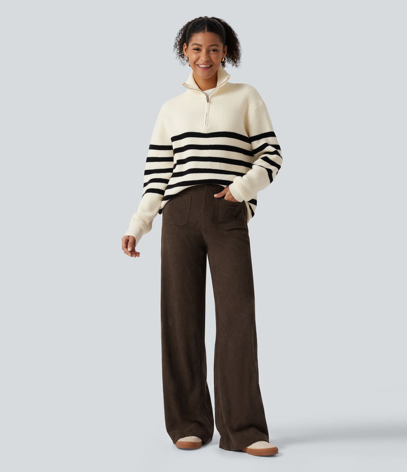 High Waisted Straight Leg Corduroy Casual Pants with Pockets