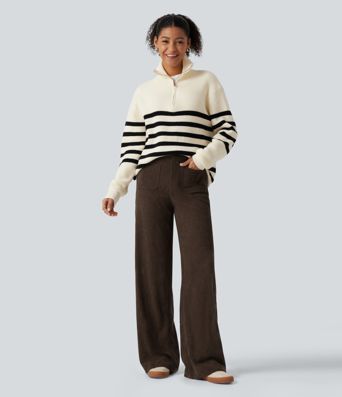 High Waisted Straight Leg Corduroy Casual Pants with Pockets