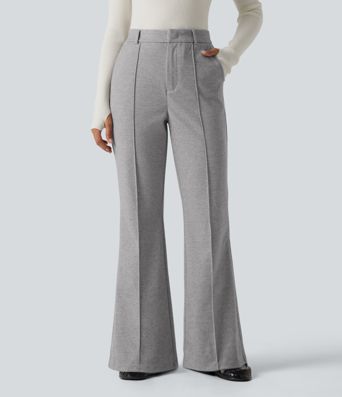 High Waisted Flare Pintuck Work Pants with Pockets