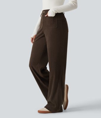 High Waisted Straight Leg Corduroy Casual Pants with Pockets