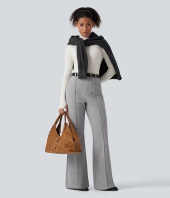 High Waisted Flare Pintuck Work Pants with Pockets