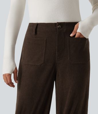 High Waisted Straight Leg Corduroy Casual Pants with Pockets