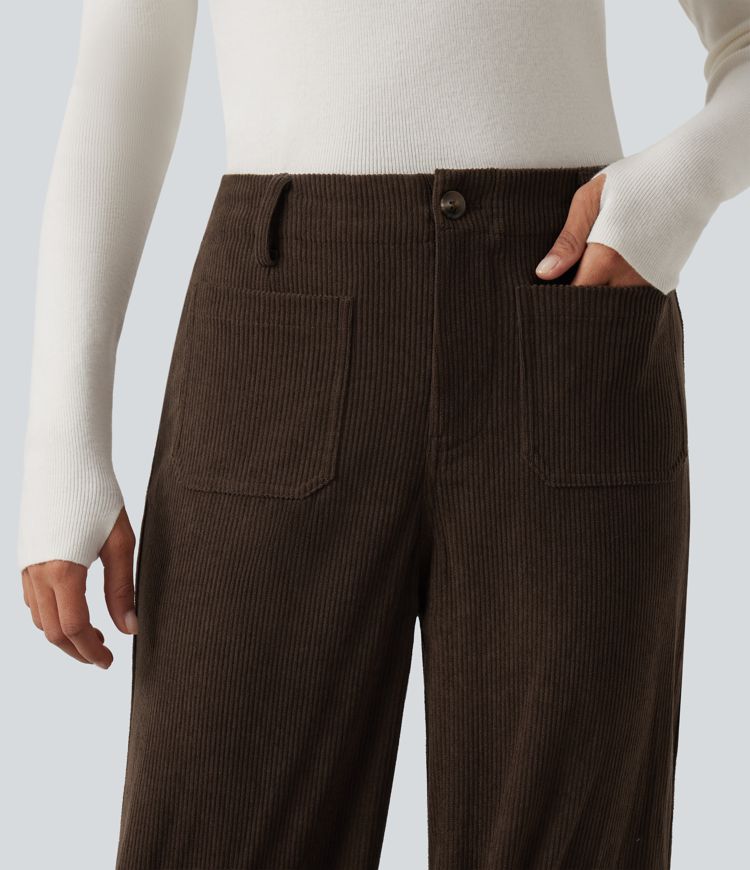 High Waisted Straight Leg Corduroy Casual Pants with Pockets