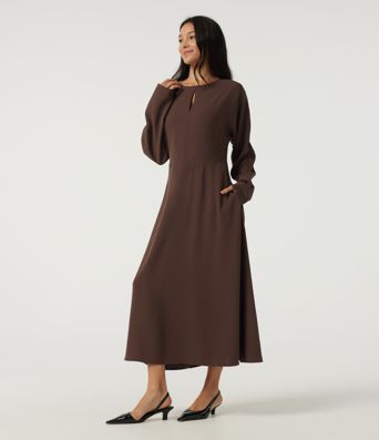 Round Neck Batwing Long Sleeve Midi Work Dress with Pockets