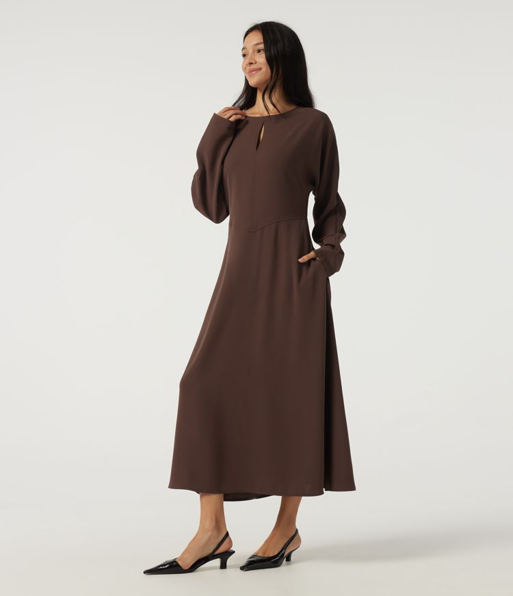 Round Neck Batwing Long Sleeve Midi Work Dress with Pockets