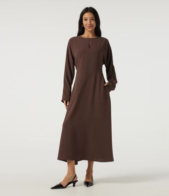 Round Neck Batwing Long Sleeve Midi Work Dress with Pockets