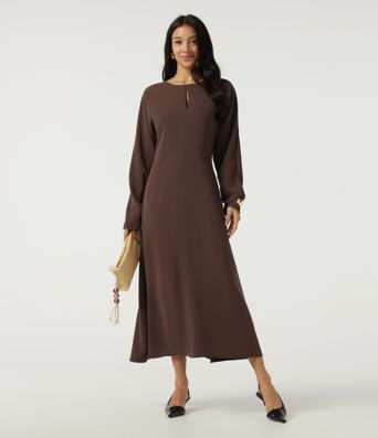 Round Neck Batwing Long Sleeve Midi Work Dress with Pockets