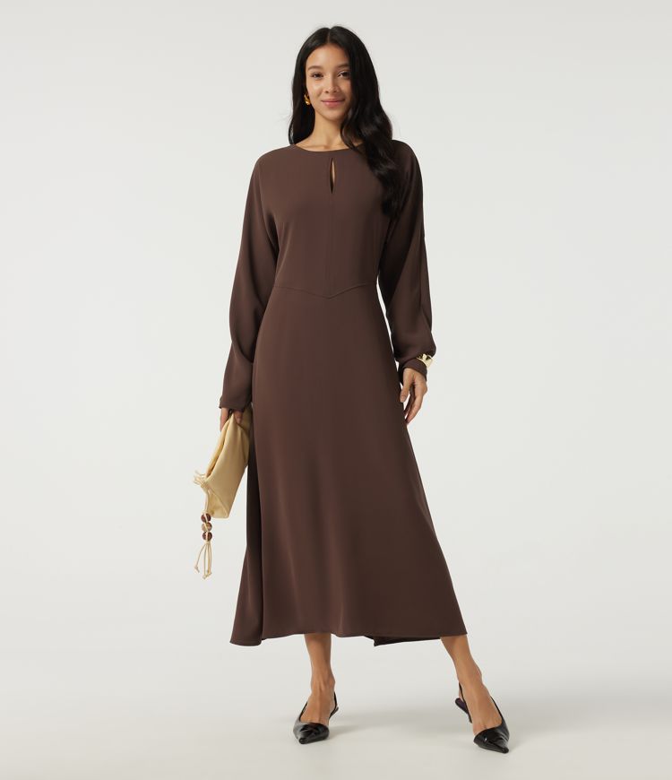 Round Neck Batwing Long Sleeve Midi Work Dress with Pockets
