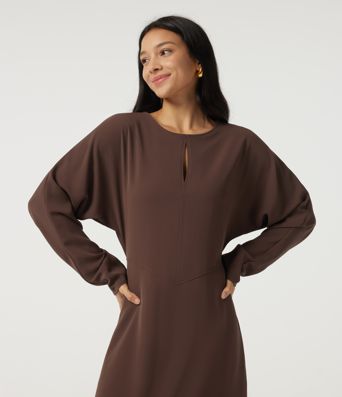 Round Neck Batwing Long Sleeve Midi Work Dress with Pockets