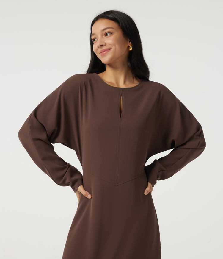 Round Neck Batwing Long Sleeve Midi Work Dress with Pockets