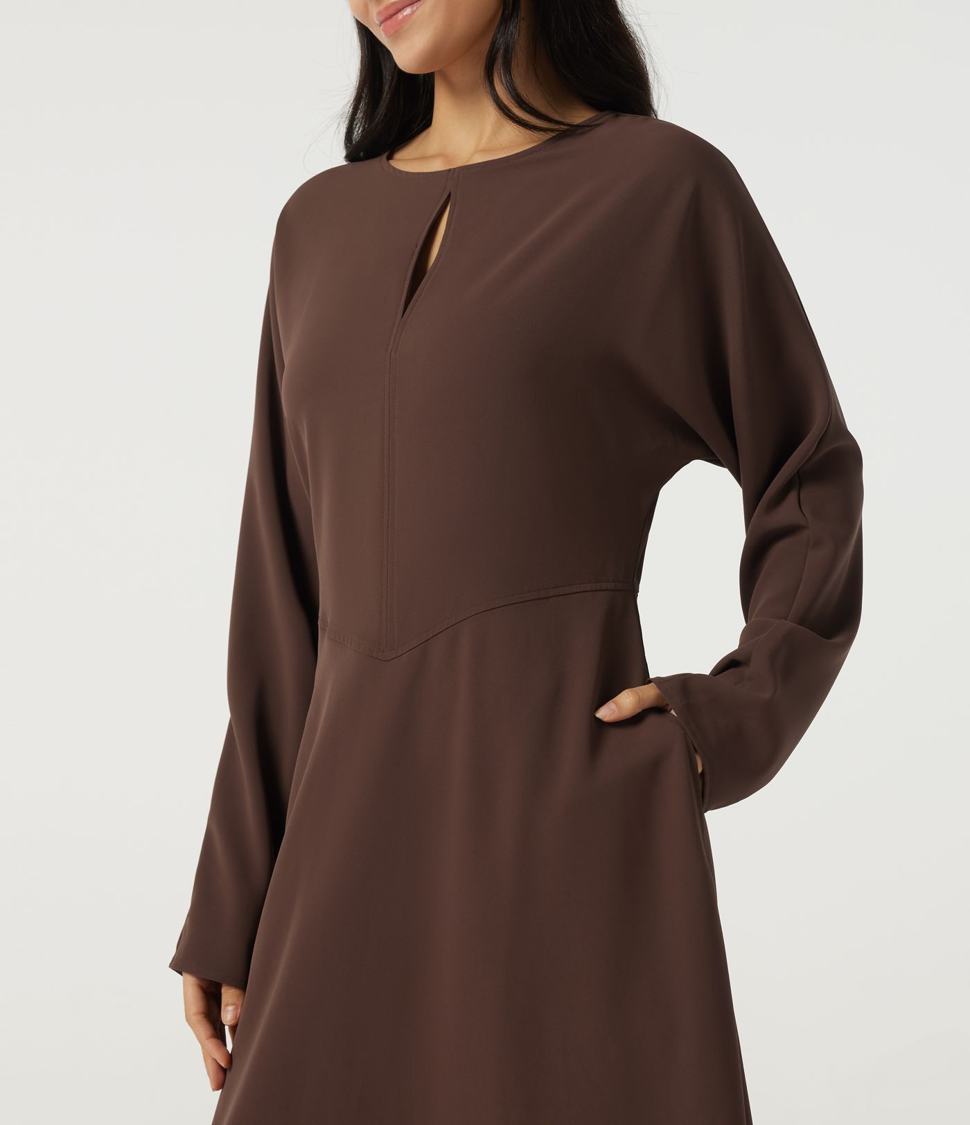 Round Neck Batwing Long Sleeve Midi Work Dress with Pockets