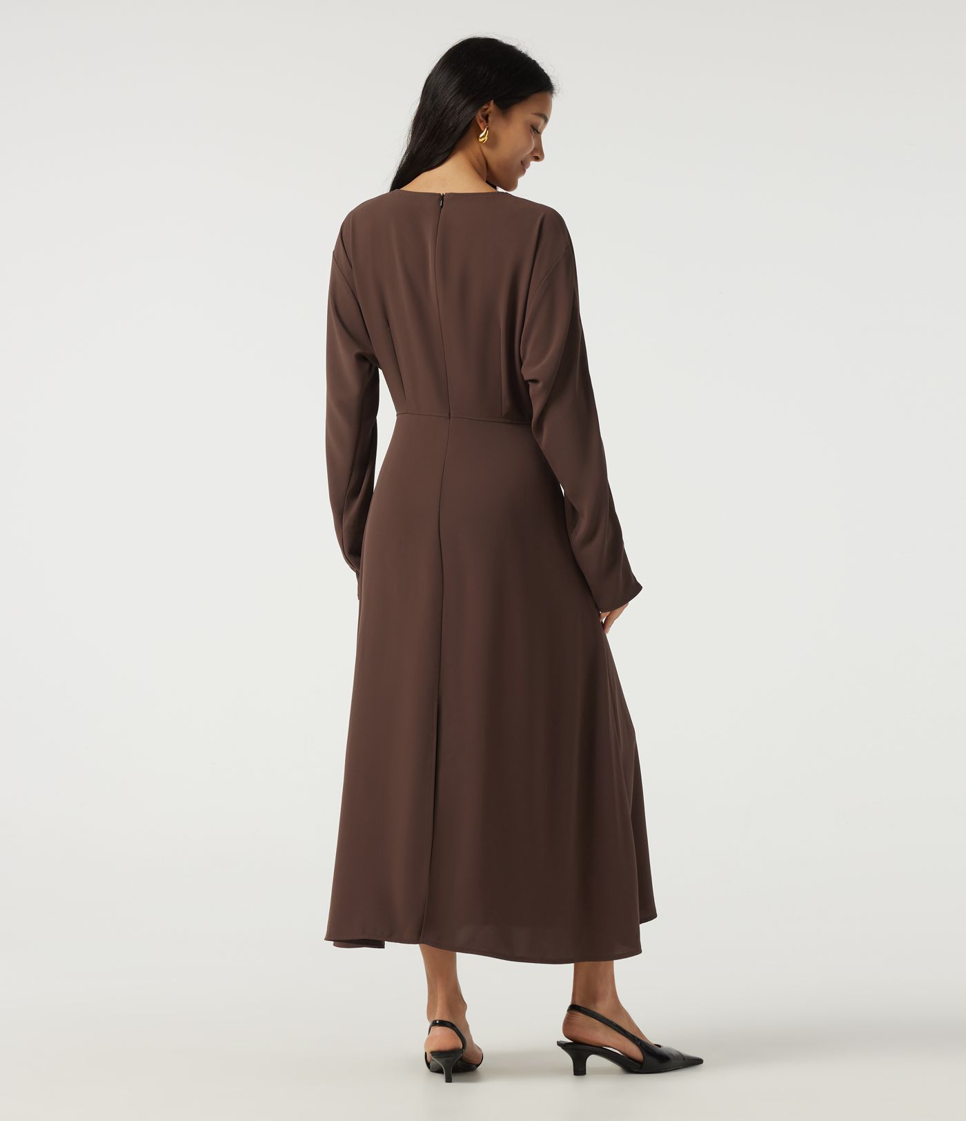 Round Neck Batwing Long Sleeve Midi Work Dress with Pockets
