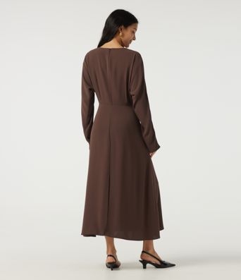Round Neck Batwing Long Sleeve Midi Work Dress with Pockets