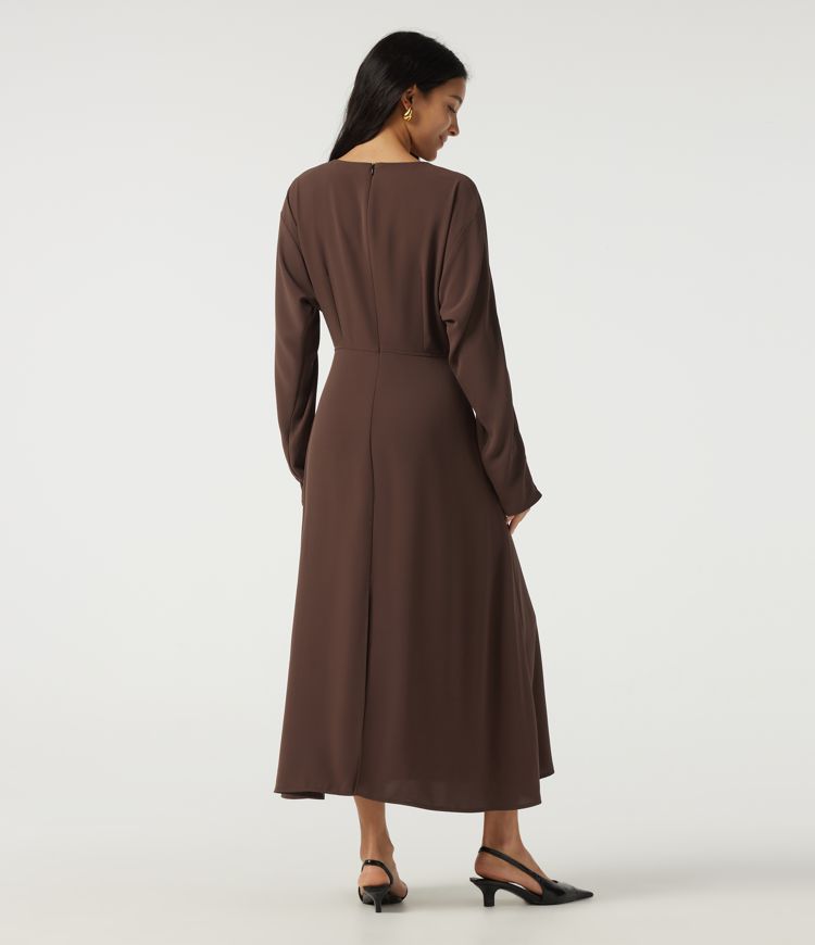 Round Neck Batwing Long Sleeve Midi Work Dress with Pockets