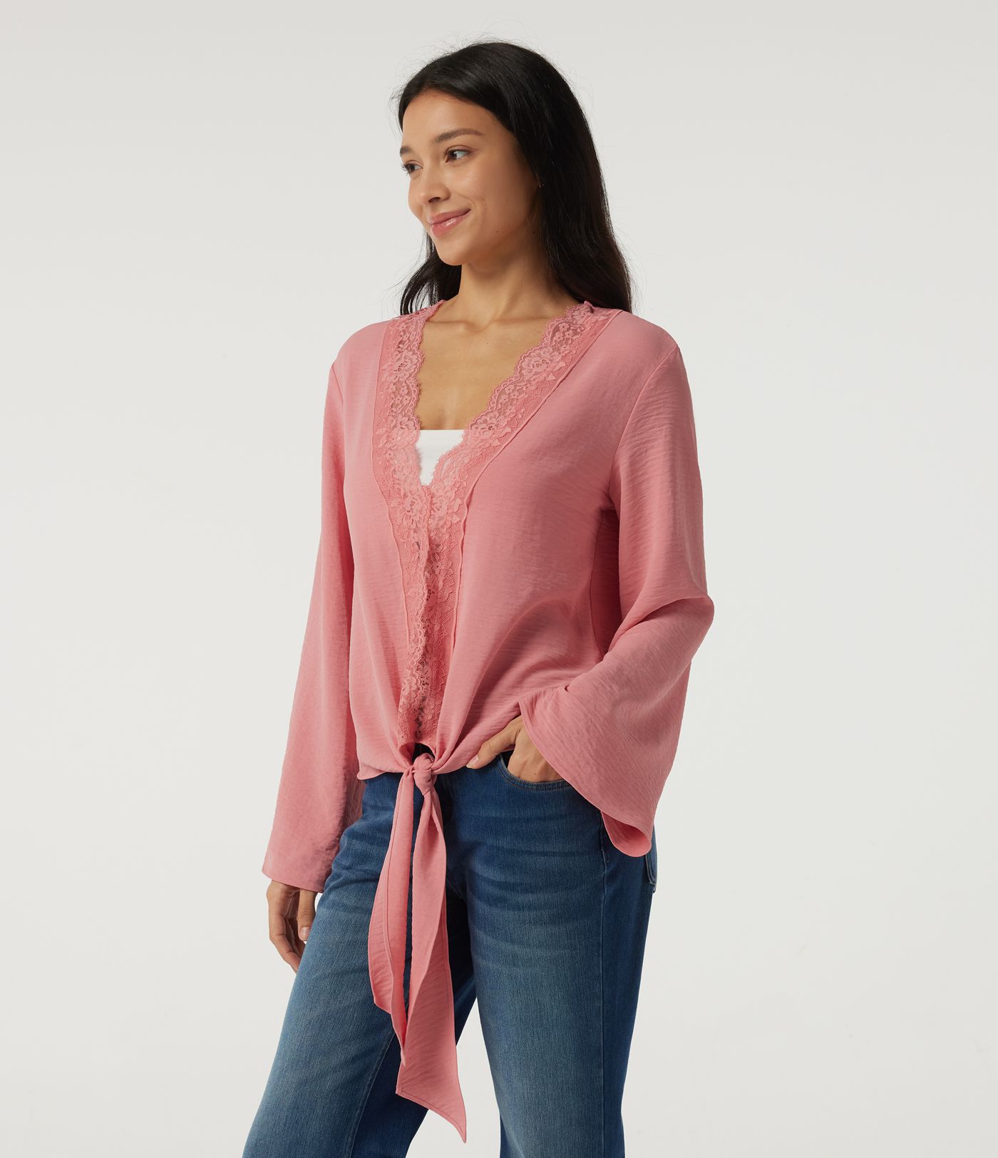 Deep V Neck Flounce Long Sleeve Tie Front Contrast Lace Resort Blouse Deep V Neck Flounce Long Sleeve Tie Front Contrast Lace Resort Blouse