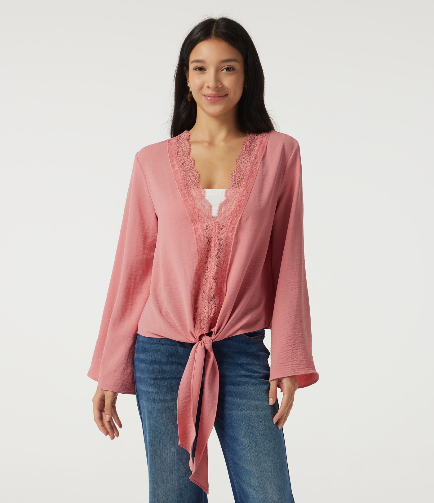 Deep V Neck Flounce Long Sleeve Tie Front Contrast Lace Resort Blouse Deep V Neck Flounce Long Sleeve Tie Front Contrast Lace Resort Blouse