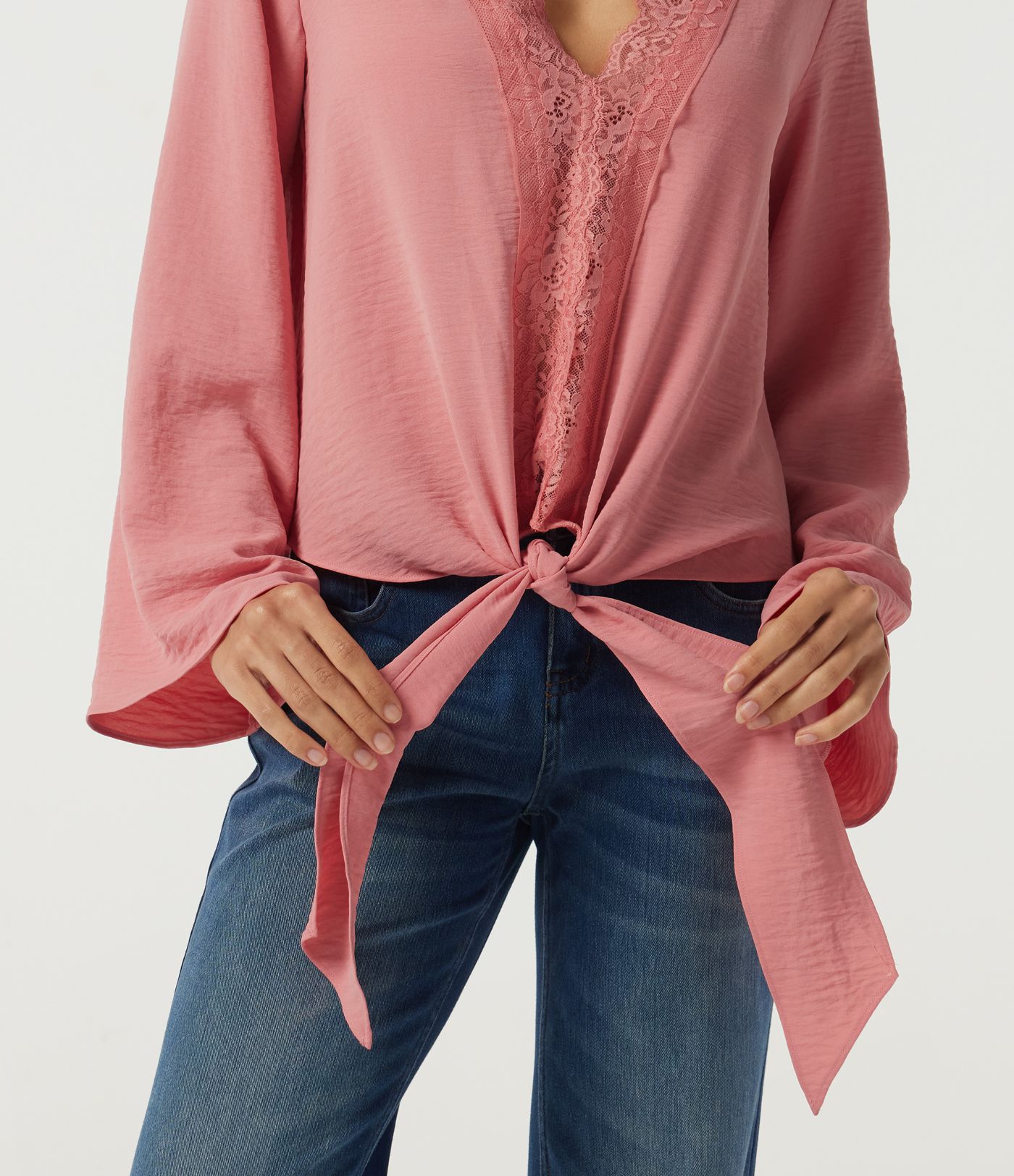 Deep V Neck Flounce Long Sleeve Tie Front Contrast Lace Resort Blouse Deep V Neck Flounce Long Sleeve Tie Front Contrast Lace Resort Blouse