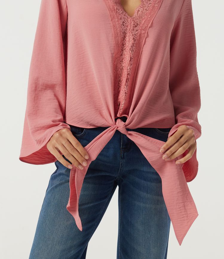 Deep V Neck Flounce Long Sleeve Tie Front Contrast Lace Resort Blouse Deep V Neck Flounce Long Sleeve Tie Front Contrast Lace Resort Blouse