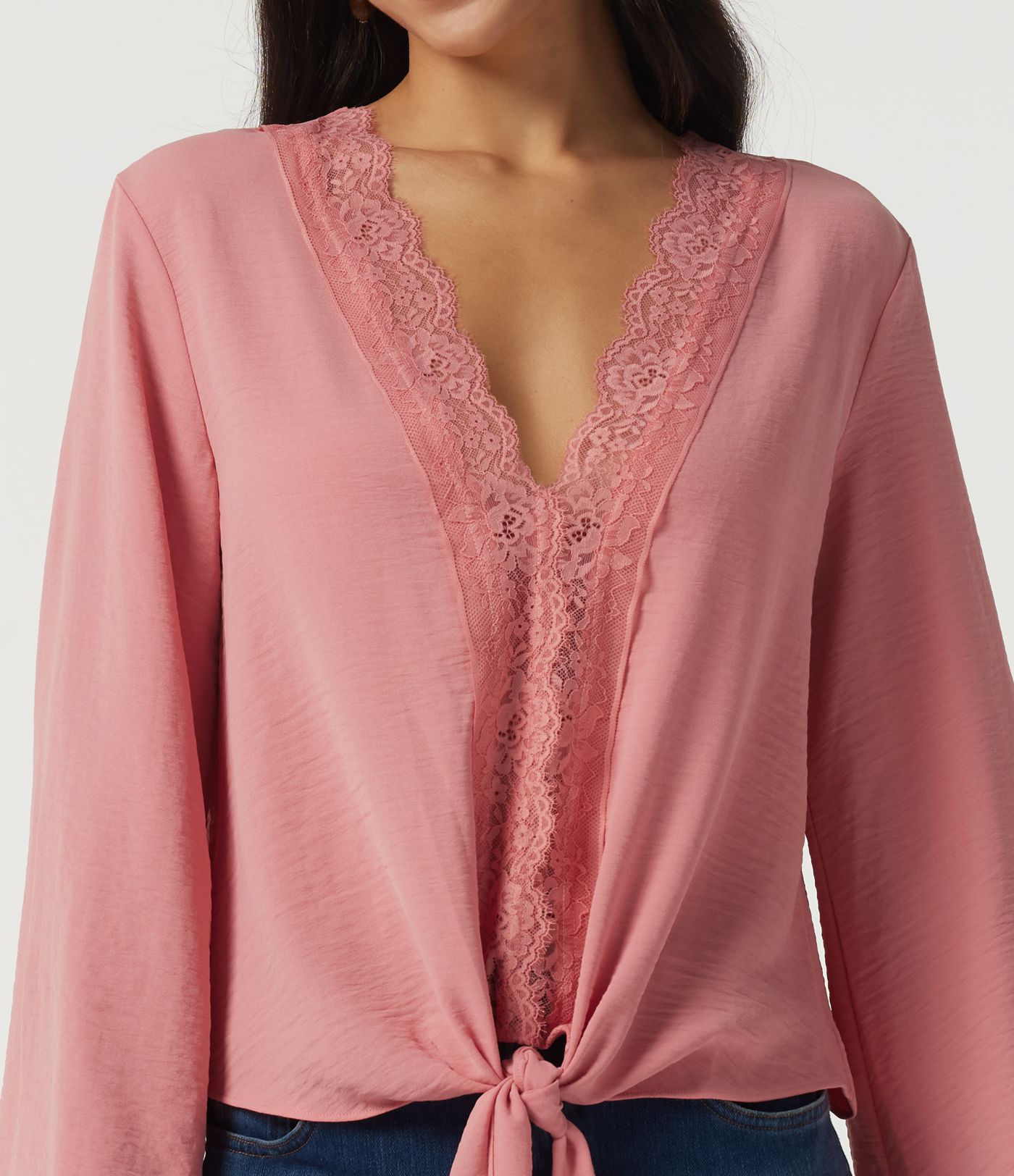Deep V Neck Flounce Long Sleeve Tie Front Contrast Lace Resort Blouse Deep V Neck Flounce Long Sleeve Tie Front Contrast Lace Resort Blouse