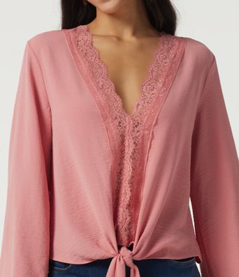 Deep V Neck Flounce Long Sleeve Tie Front Contrast Lace Resort Blouse Deep V Neck Flounce Long Sleeve Tie Front Contrast Lace Resort Blouse