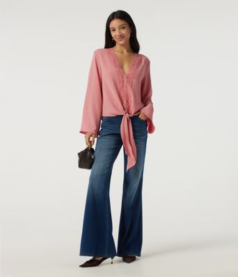 Deep V Neck Flounce Long Sleeve Tie Front Contrast Lace Resort Blouse Deep V Neck Flounce Long Sleeve Tie Front Contrast Lace Resort Blouse