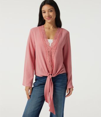 Deep V Neck Flounce Long Sleeve Tie Front Contrast Lace Resort Blouse Deep V Neck Flounce Long Sleeve Tie Front Contrast Lace Resort Blouse