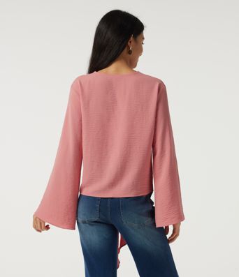 Deep V Neck Flounce Long Sleeve Tie Front Contrast Lace Resort Blouse Deep V Neck Flounce Long Sleeve Tie Front Contrast Lace Resort Blouse