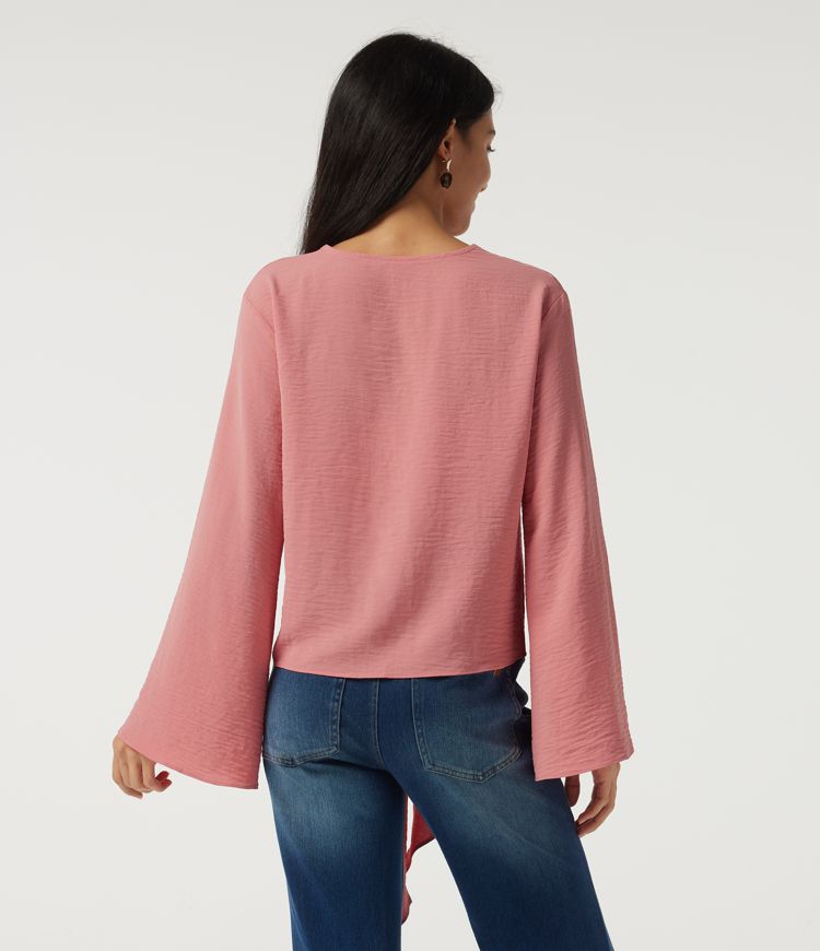 Deep V Neck Flounce Long Sleeve Tie Front Contrast Lace Resort Blouse Deep V Neck Flounce Long Sleeve Tie Front Contrast Lace Resort Blouse