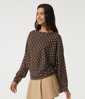 Boat Neck Dropped Long Sleeve Polka Dot Casual Top Boat Neck Dropped Long Sleeve Polka Dot Casual Top