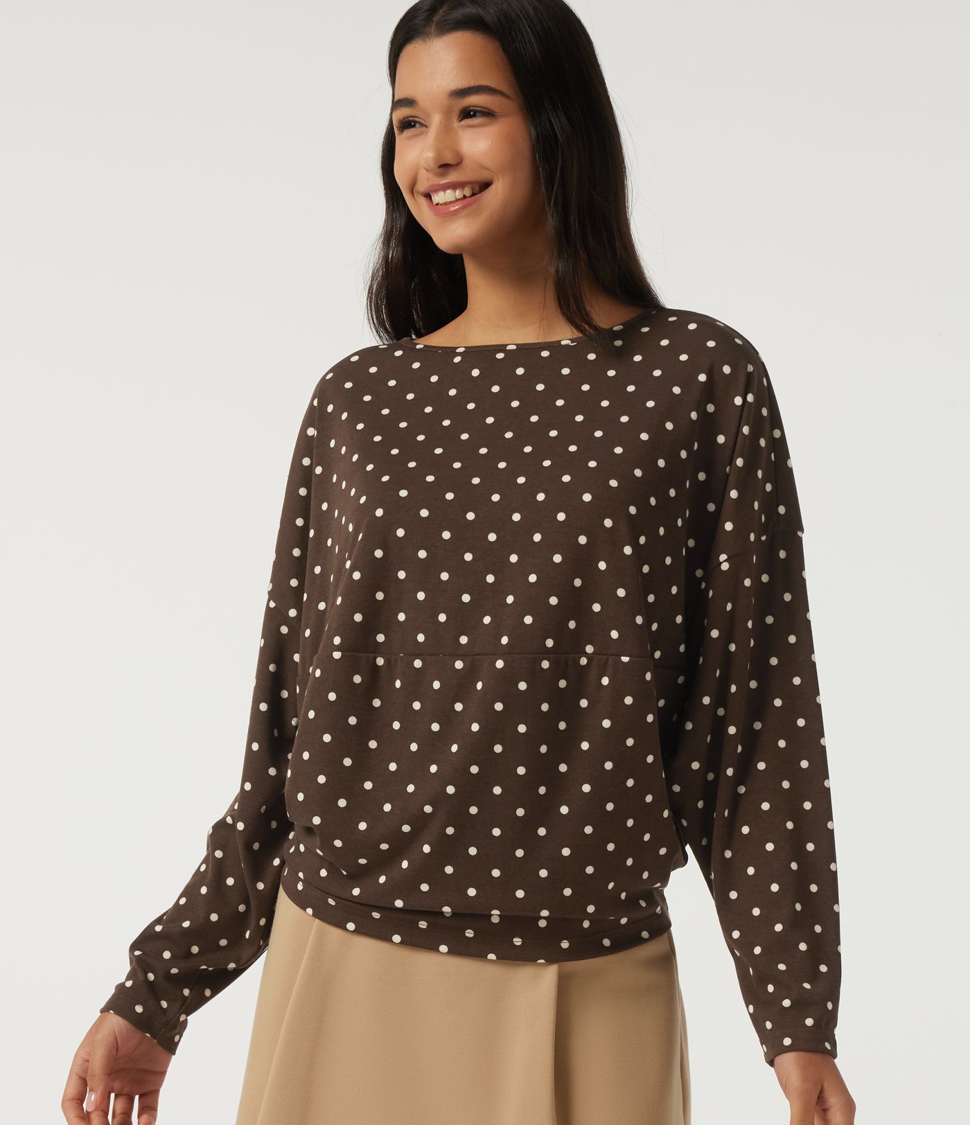 Boat Neck Dropped Long Sleeve Polka Dot Casual Top Boat Neck Dropped Long Sleeve Polka Dot Casual Top