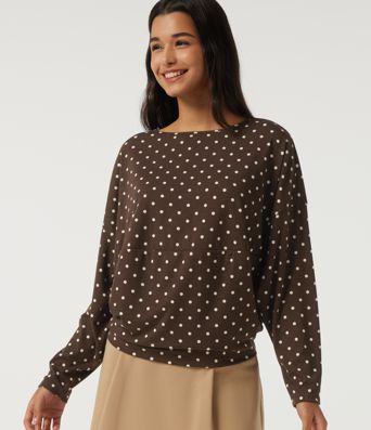 Boat Neck Dropped Long Sleeve Polka Dot Casual Top Boat Neck Dropped Long Sleeve Polka Dot Casual Top