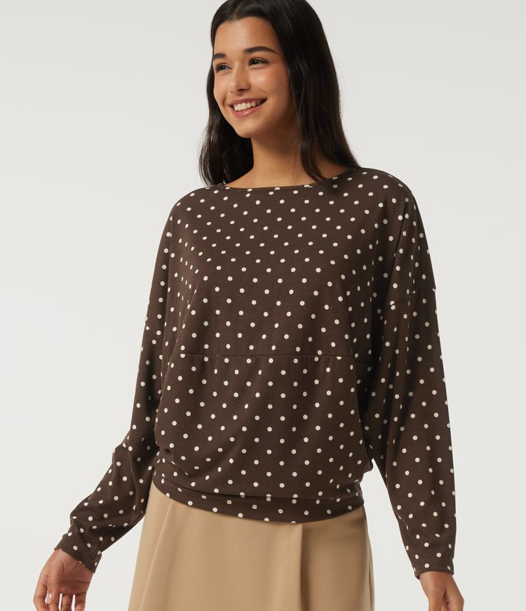 Boat Neck Dropped Long Sleeve Polka Dot Casual Top Boat Neck Dropped Long Sleeve Polka Dot Casual Top