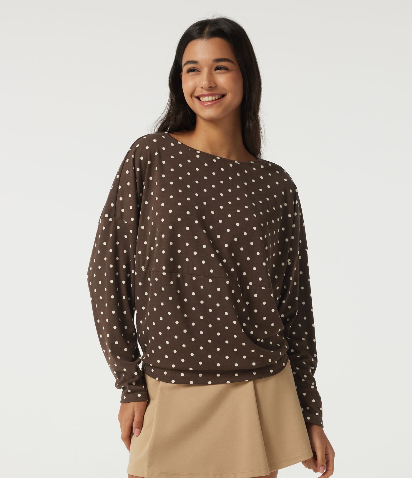 Boat Neck Dropped Long Sleeve Polka Dot Casual Top Boat Neck Dropped Long Sleeve Polka Dot Casual Top