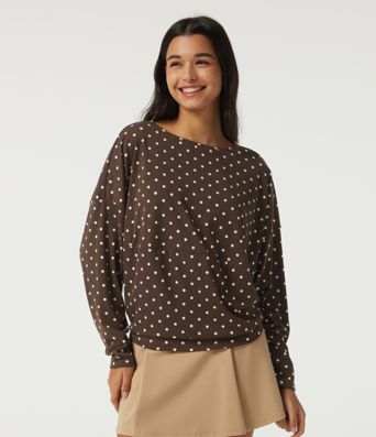 Boat Neck Dropped Long Sleeve Polka Dot Casual Top Boat Neck Dropped Long Sleeve Polka Dot Casual Top